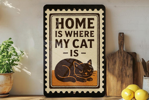 A framed sign with the text "HOME IS WHERE MY CAT IS" and an illustration of a cat is displayed on a shelf next to a wooden cutting board and a potted plant.