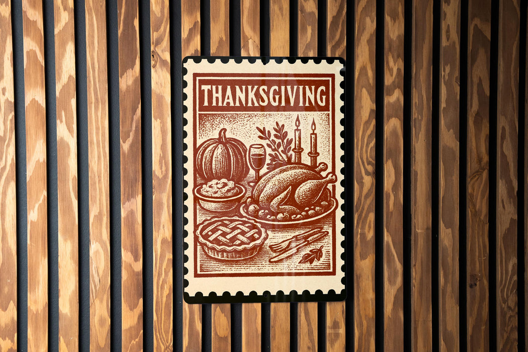 A Thanksgiving-themed stamp or postcard is displayed on a wooden wall, featuring illustrations of a turkey, pumpkin, pie, and candles.