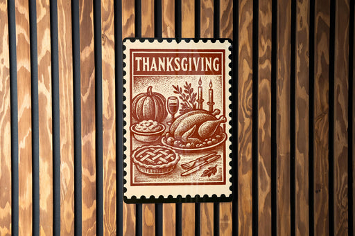 A Thanksgiving-themed stamp or postcard is displayed on a wooden wall, featuring illustrations of a turkey, pumpkin, pie, and candles.