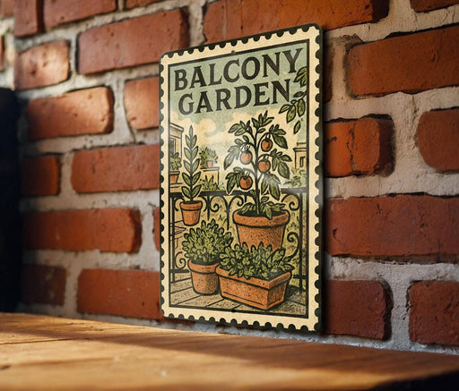 A framed illustration of a balcony garden is displayed on a brick wall, featuring potted plants and a tree.