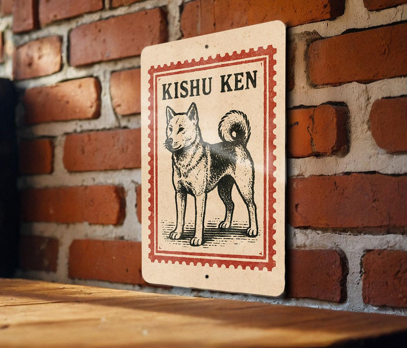 A sign featuring a dog illustration is mounted on a brick wall.