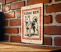 A sign featuring a dog illustration is mounted on a brick wall.