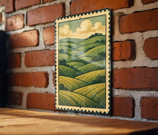 A framed illustration of a countryside landscape is hanging on a brick wall.