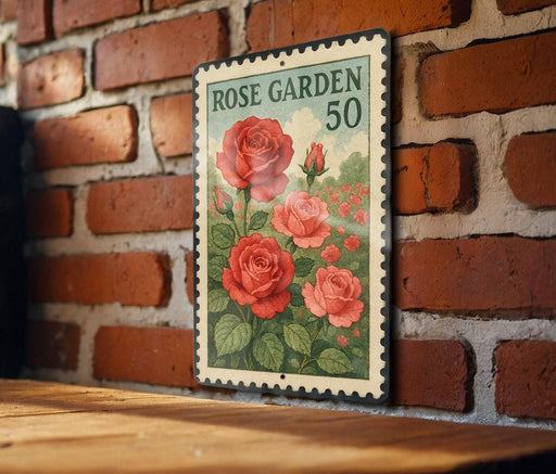 A vintage-style stamp featuring a rose garden with red roses and green leaves, mounted on a brick wall.