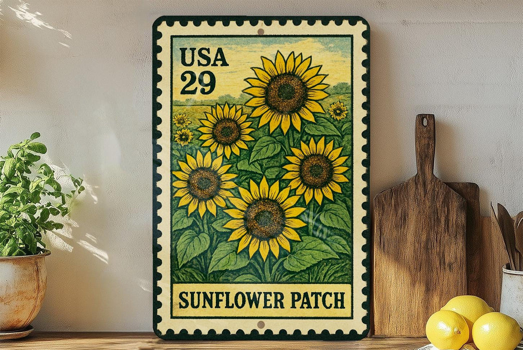 A vintage-style metal stamp depicting a field of sunflowers, with the text "USA 29" and "SUNFLOWER PATCH" printed on it. The stamp is displayed on a shelf next to a wooden cutting board and a potted plant.