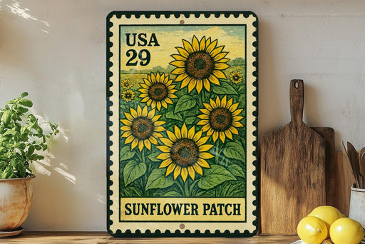 A vintage-style metal stamp depicting a field of sunflowers, with the text "USA 29" and "SUNFLOWER PATCH" printed on it. The stamp is displayed on a shelf next to a wooden cutting board and a potted plant.