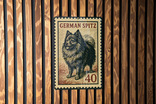 A German Spitz dog is depicted on a postage stamp, which is affixed to a wooden wall.
