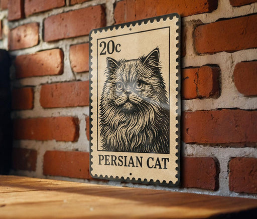 A metal sign featuring a Persian cat illustration is mounted on a brick wall.
