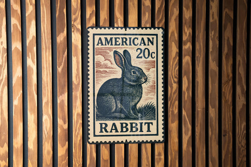 A vintage-style American postage stamp featuring a rabbit, mounted on a wooden wall.
