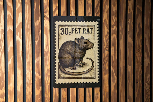 A black and white postage stamp featuring a rat, with the text "30. PET RAT" printed on it.