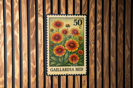 A postage stamp from Gaillardia Bed, featuring a vibrant illustration of a field of blooming flowers, is displayed on a wooden wall.