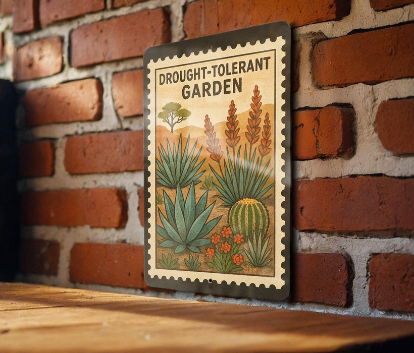 a metal sign with a vintage-style illustration of a desert garden, mounted on a brick wall.