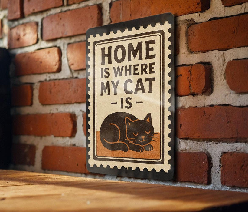 A metal sign with the text "HOME IS WHERE MY CAT IS" and an illustration of a cat is mounted on a brick wall.
