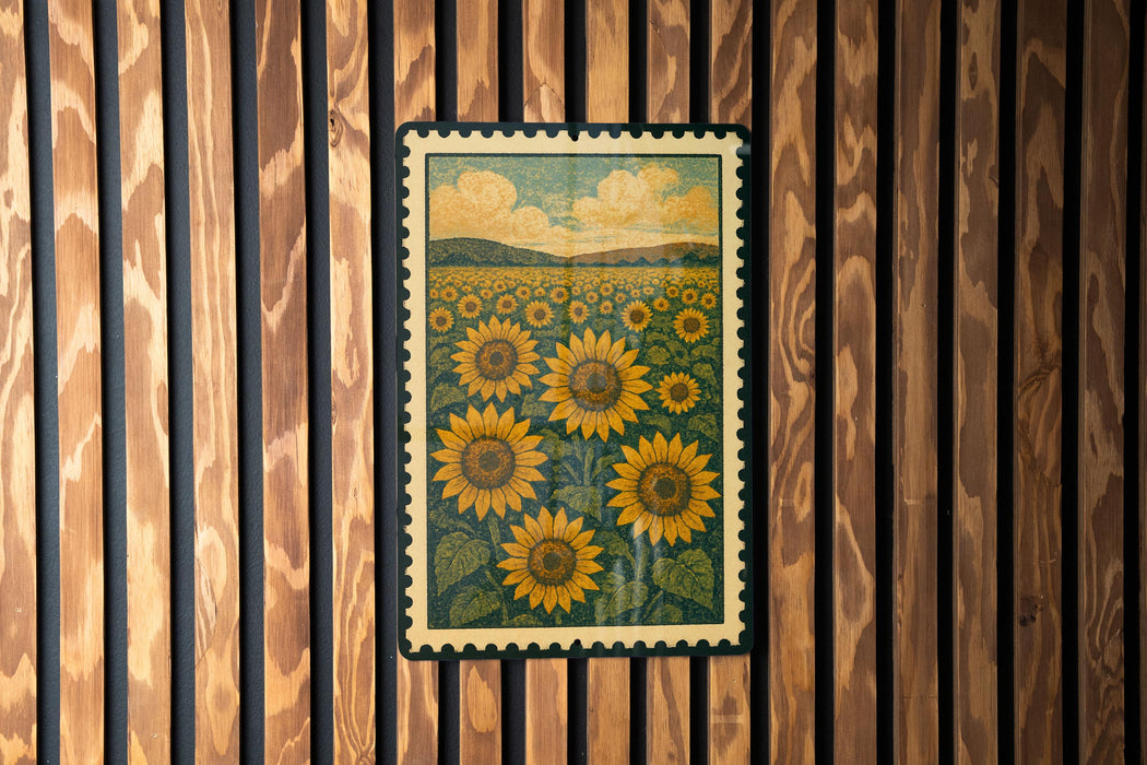 A framed print of a field of sunflowers is displayed on a wooden wall.