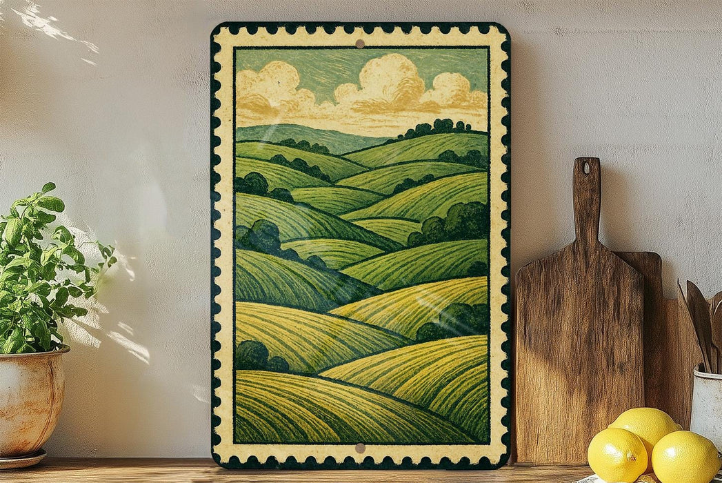 a framed painting of a countryside landscape with rolling hills and trees, displayed on a shelf next to a wooden cutting board and a potted plant.