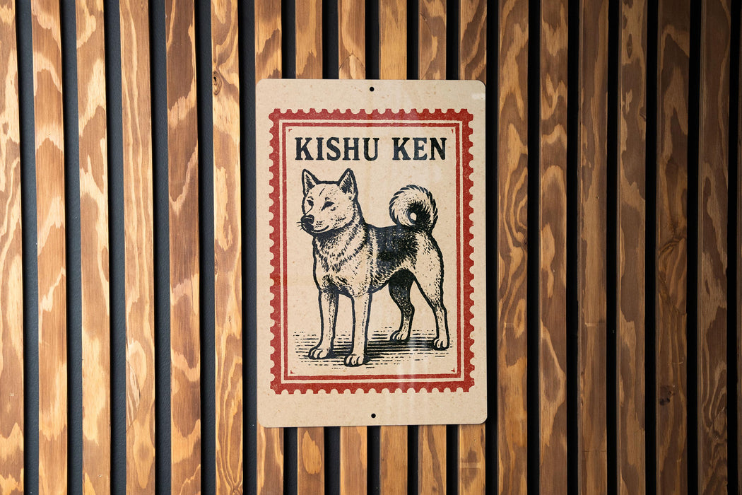 A sign with the name "KISHU KEN" printed on it, featuring an illustration of a dog.
