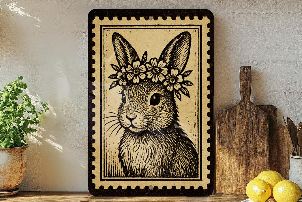 A framed illustration of a rabbit wearing a flower crown is displayed on a shelf, accompanied by a wooden cutting board and a potted plant.