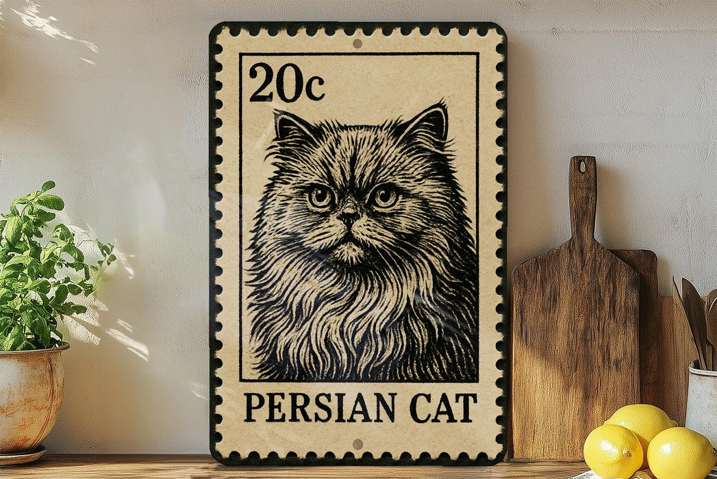 A metal sign featuring a close-up of a Persian cat, with a 20 cent stamp value, is displayed on a wooden shelf next to a potted plant and a wooden cutting board.