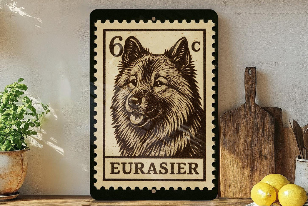 A framed image of a dog, specifically a Belgian Shepherd, is displayed on a shelf next to a wooden cutting board and some lemons.