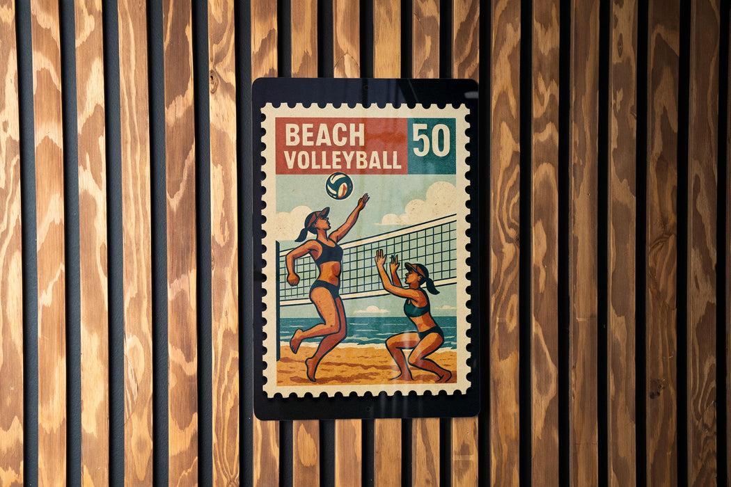 A vintage-style stamp depicting two women playing beach volleyball, with the text "BEACH VOLLEYBALL 50" on it.