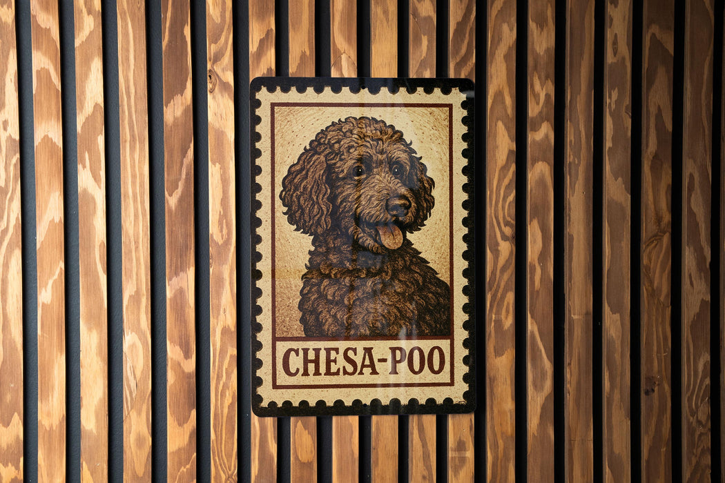 A metal sign with a stamp-like design featuring a dog's head and the text "CHESA-POO" is mounted on a wooden wall.