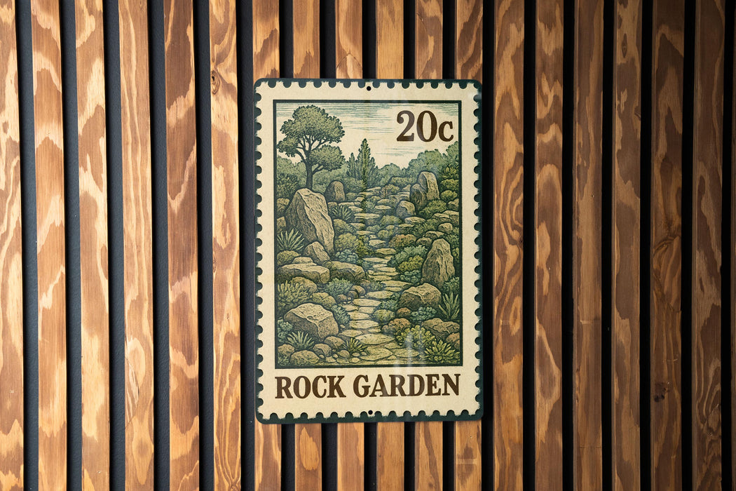 A 20c postage stamp with a landscape illustration is displayed on a wooden wall.