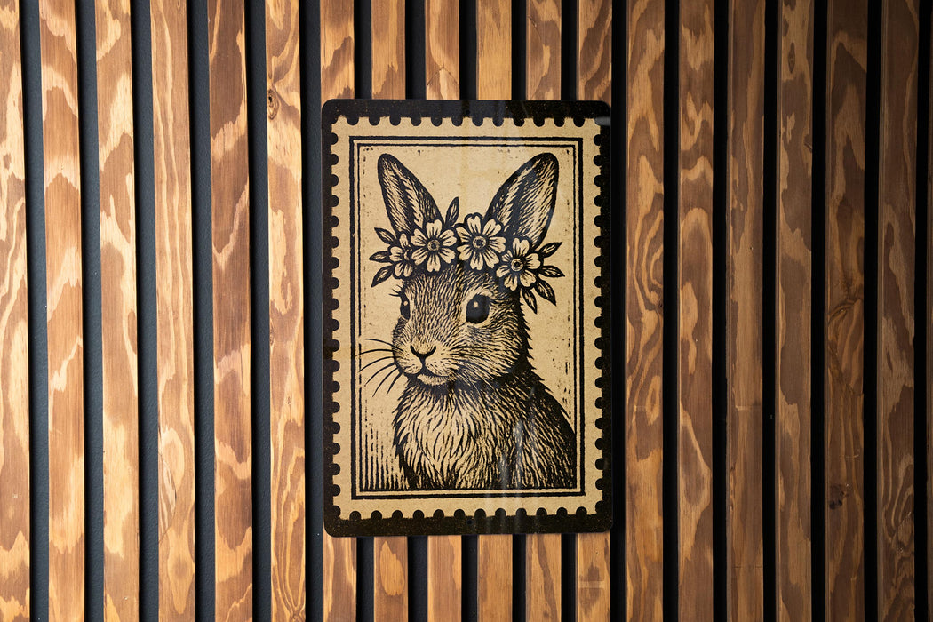 A framed illustration of a rabbit wearing a flower crown is displayed on a wooden wall.