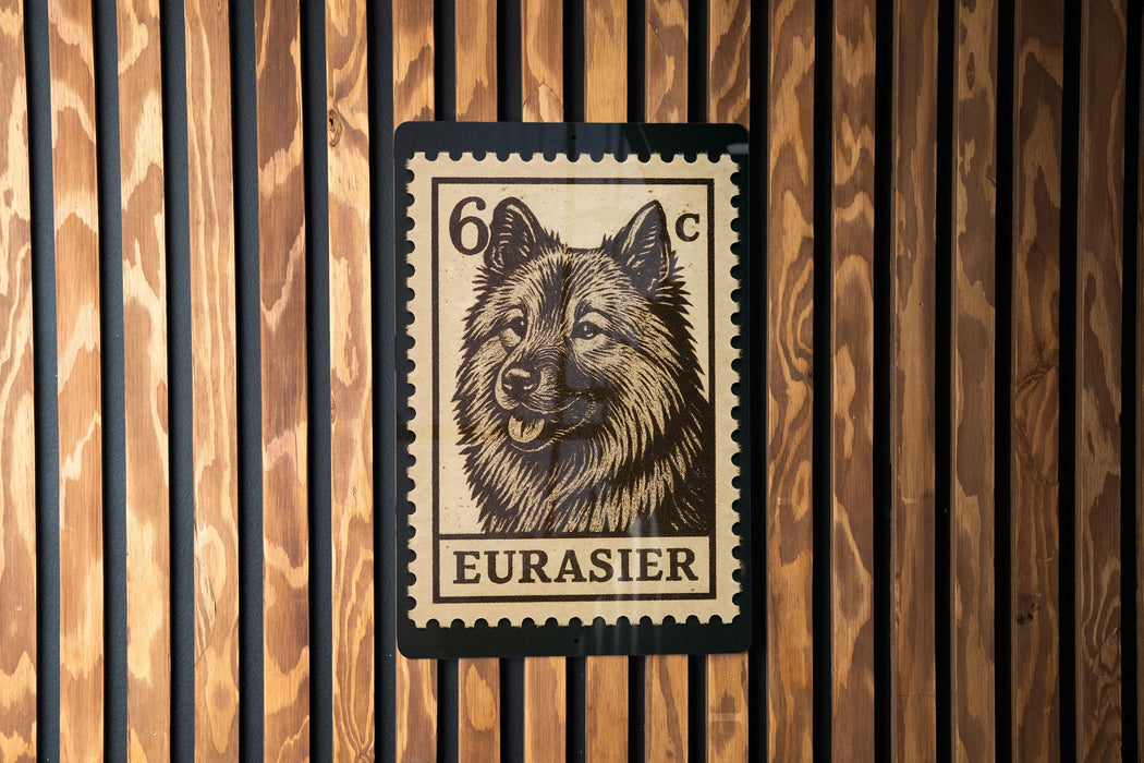 A wooden wall with a black and white postage stamp featuring a dog's face in the center.