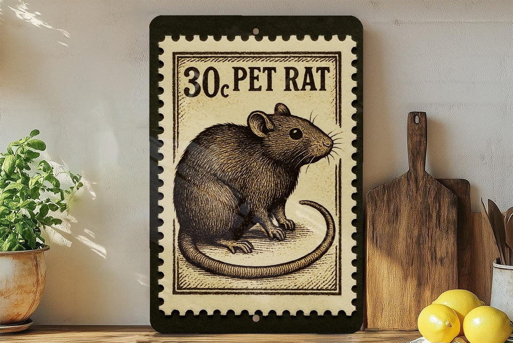 A framed illustration of a pet rat on a shelf, with a wooden cutting board and a potted plant nearby.