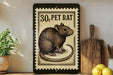 A framed illustration of a pet rat on a shelf, with a wooden cutting board and a potted plant nearby.