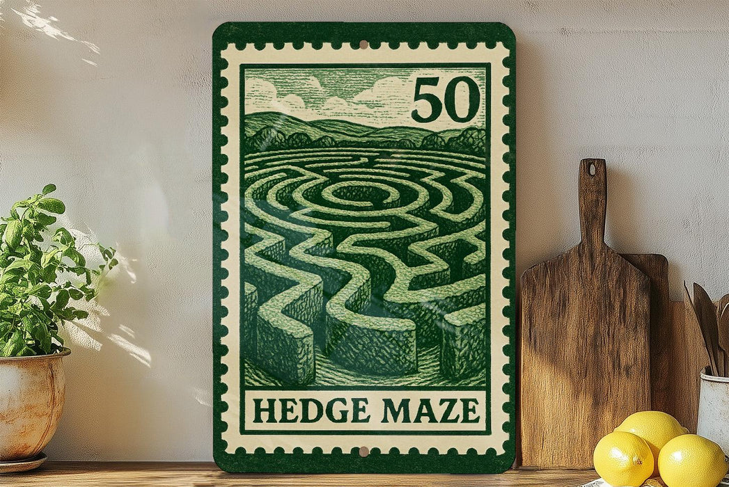 A green and white metal sign with a maze design, mounted on a wall next to a wooden cutting board and some potted plants.