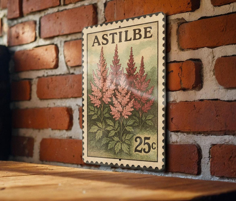 A vintage-style 25c postage stamp featuring a floral illustration is displayed on a brick wall.