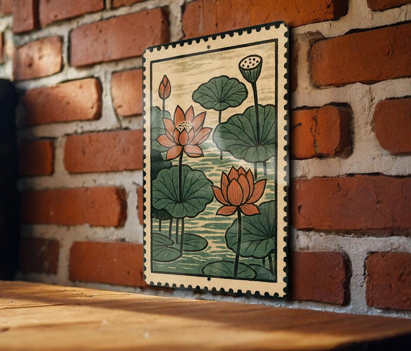 A framed illustration of lotus flowers is displayed on a brick wall.