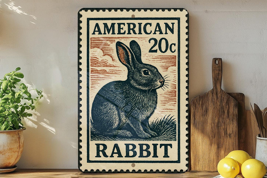 A vintage-style metal sign featuring an illustration of a rabbit, with the text "AMERICAN 20c RABBIT" printed on it. The sign is displayed on a shelf next to a wooden cutting board and some kitchen utensils.