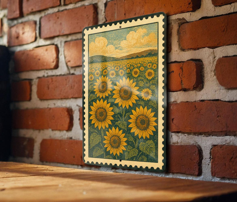A framed image of a field of sunflowers is displayed on a brick wall.
