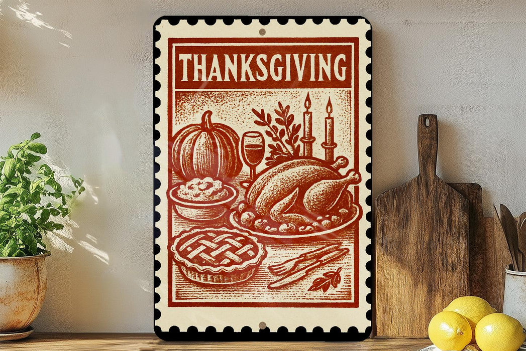 A Thanksgiving-themed metal sign with illustrations of a turkey, pumpkin, pie, and other traditional Thanksgiving dishes, along with candles and other festive elements, is displayed on a shelf next to a potted plant and kitchen utensils.