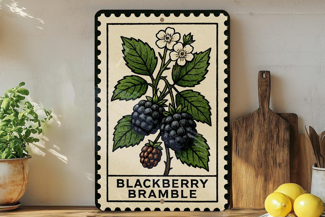 A framed illustration of a berry plant with blackberries and white flowers is displayed on a shelf, accompanied by a wooden cutting board and a potted plant.