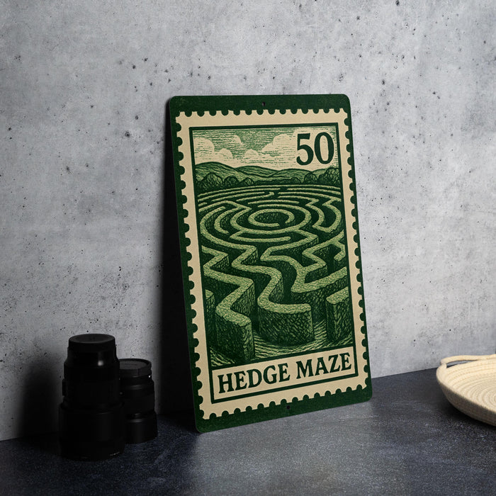 A metal sign with a green border and a maze illustration, featuring the text "HEDGE MZE" on it, is placed on a table next to some black camera lenses.