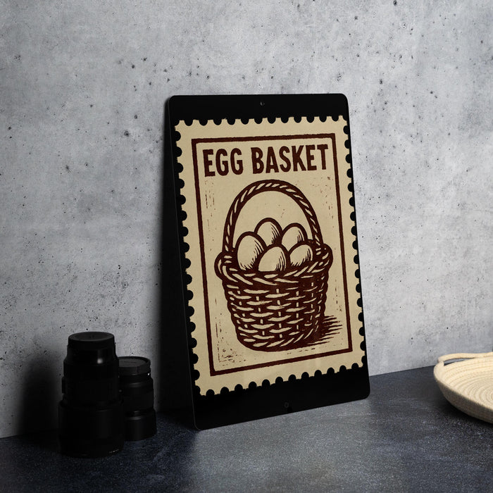 a poster or sign with the text "Egg Basket" and an illustration of a basket filled with eggs.