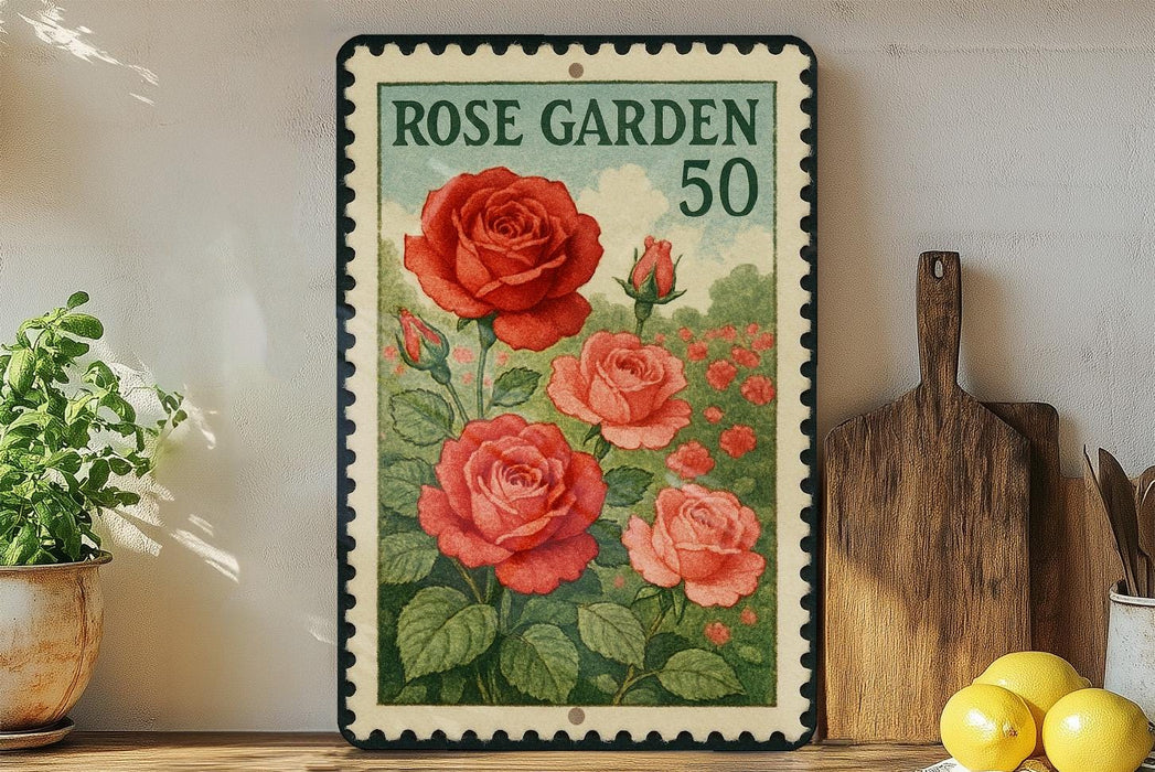 A framed vintage postage stamp featuring a vibrant illustration of red roses, placed on a wooden shelf next to a wooden cutting board and a potted plant.