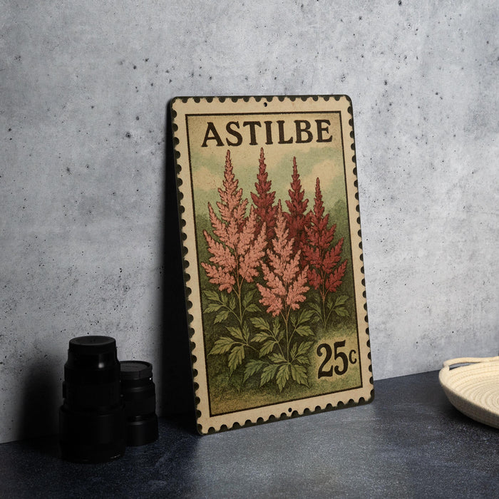 A metal stamp with a floral design and text, placed on a table next to some black camera lenses.