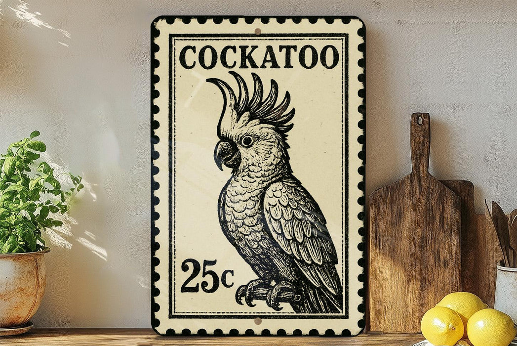 A vintage-style metal sign with a black and white illustration of a cockatoo, featuring the text "COCKATOO" and the price "25c". The sign is displayed on a shelf next to a wooden cutting board and a potted plant.