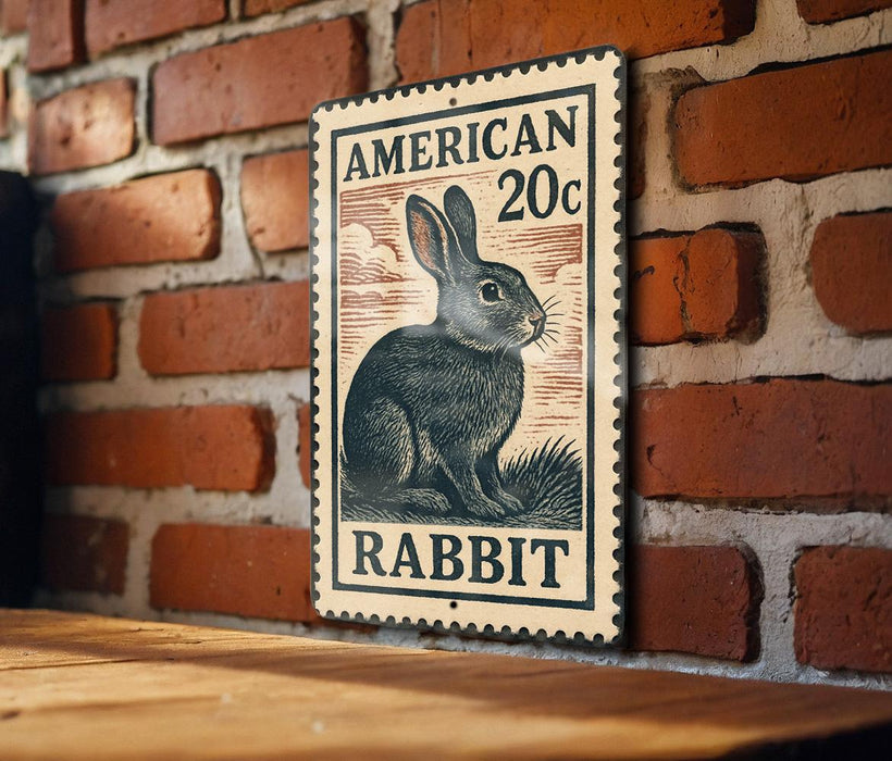 A wooden table with a vintage-style sign featuring an illustration of a rabbit on a brick wall.