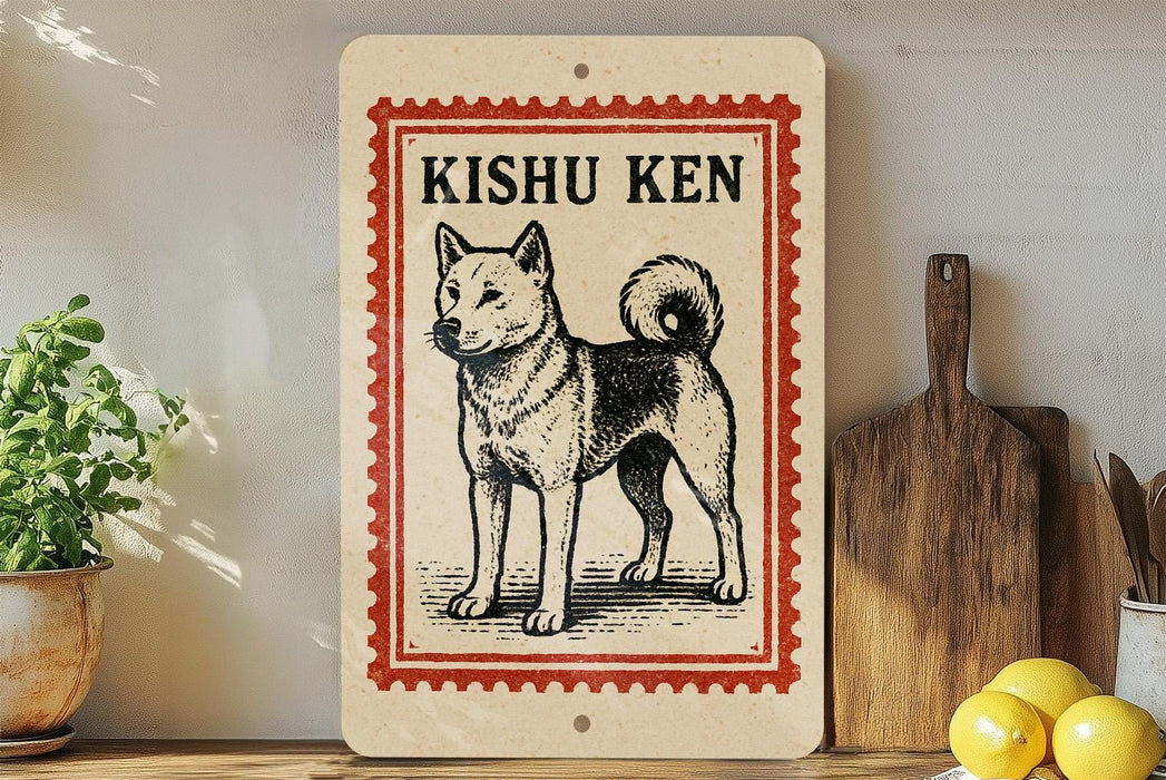A framed illustration of a Shiba Inu dog, with the text "KISHU KEN" above it, is displayed on a shelf next to a wooden cutting board and some kitchen utensils.