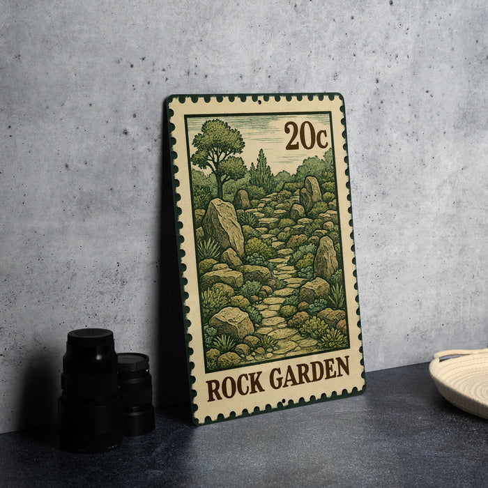 A metal sign with a landscape illustration of a rock garden, featuring a path leading through the rocks and greenery.