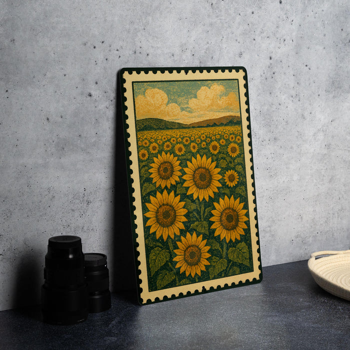 A framed print of a field of sunflowers is displayed on a gray wall, with a stack of black camera lenses and a white dish visible to the right.