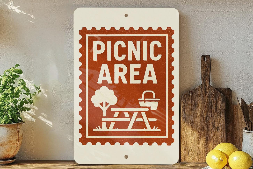 a sign that reads "Picnic Area" with a picnic table and basket icon, placed on a shelf next to a wooden cutting board and some potted plants.
