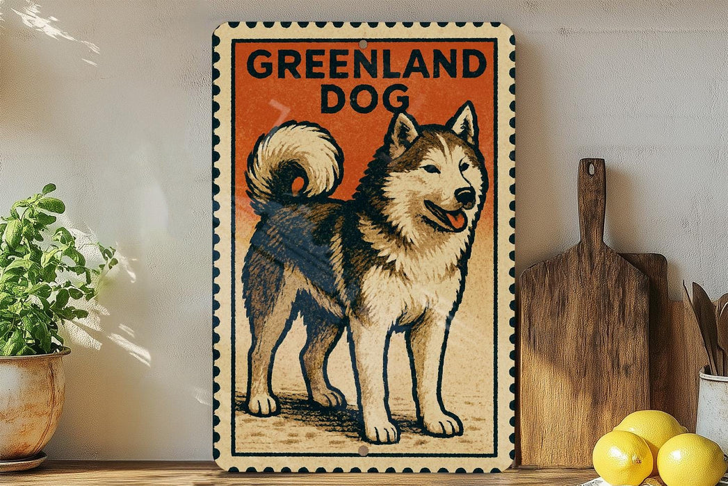 A framed vintage postage stamp depicting a husky dog, with the text "GREENLAND DOG" printed on it.