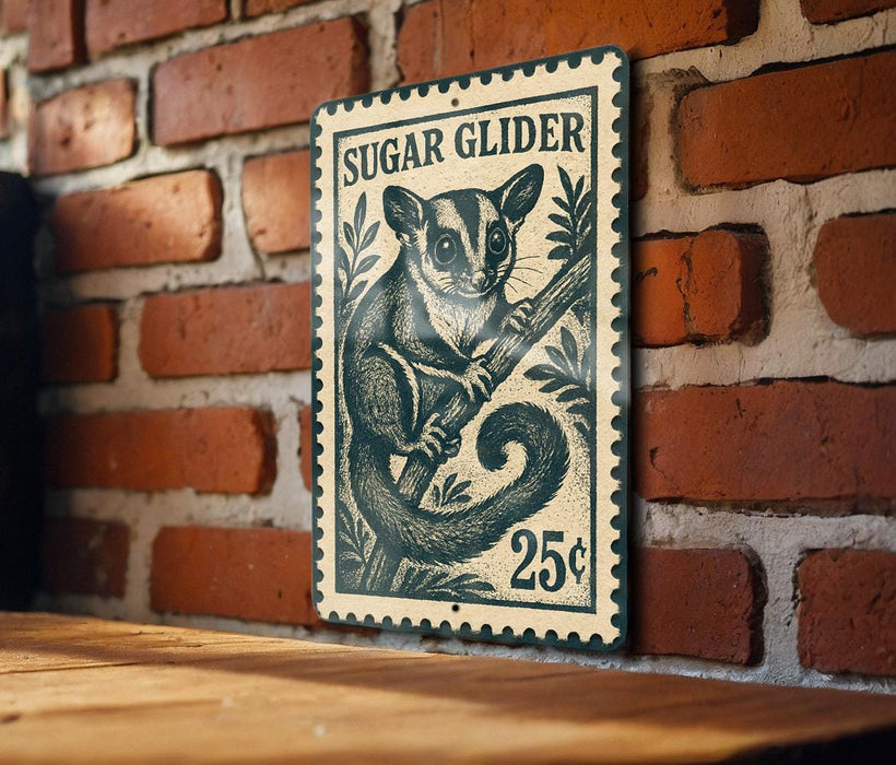 A metal sign featuring a sugar glider illustration is mounted on a brick wall.