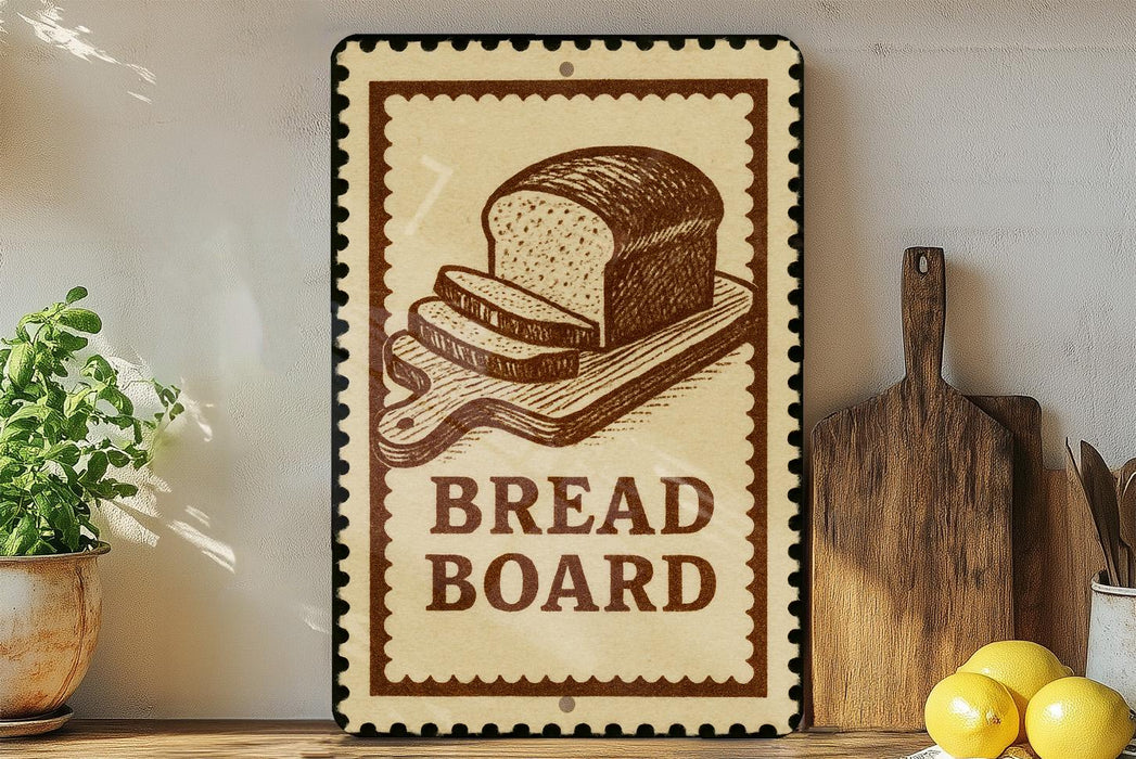 A breadboard sign with a loaf of bread on it, placed on a wooden surface next to kitchen utensils and a potted plant.
